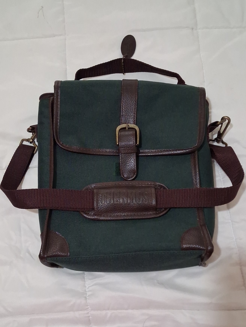 Thermos Green Canvas & Brown Leather Trim Cooler Bag